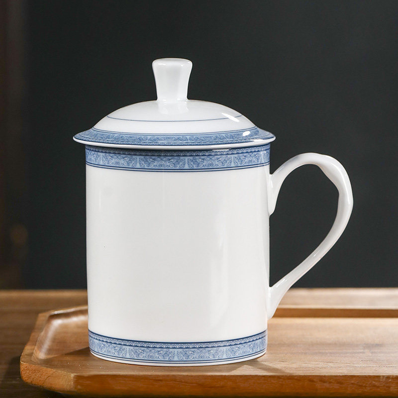 景德镇陶瓷茶杯带盖高白瓷大容量水杯青花瓷办公杯个人家用杯接待