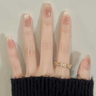 纯手工美甲短款穿戴甲片巨美指尖猫眼日常通勤温柔仙女法式冰透秋