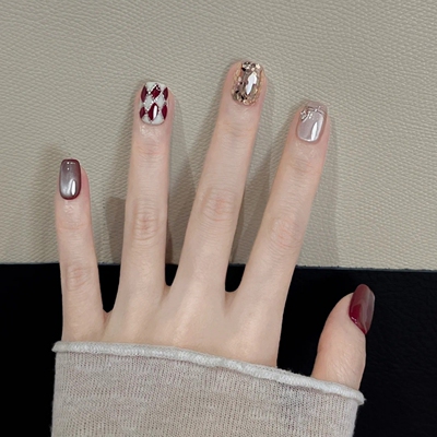 温柔美甲穿戴甲短款手工猫眼菱格