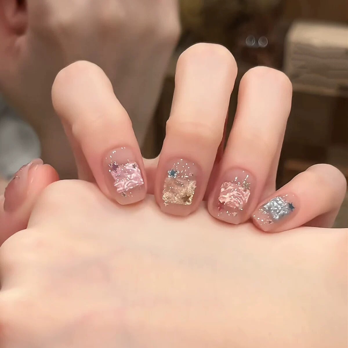 夏日彩绘美甲手工穿戴甲短款裸色