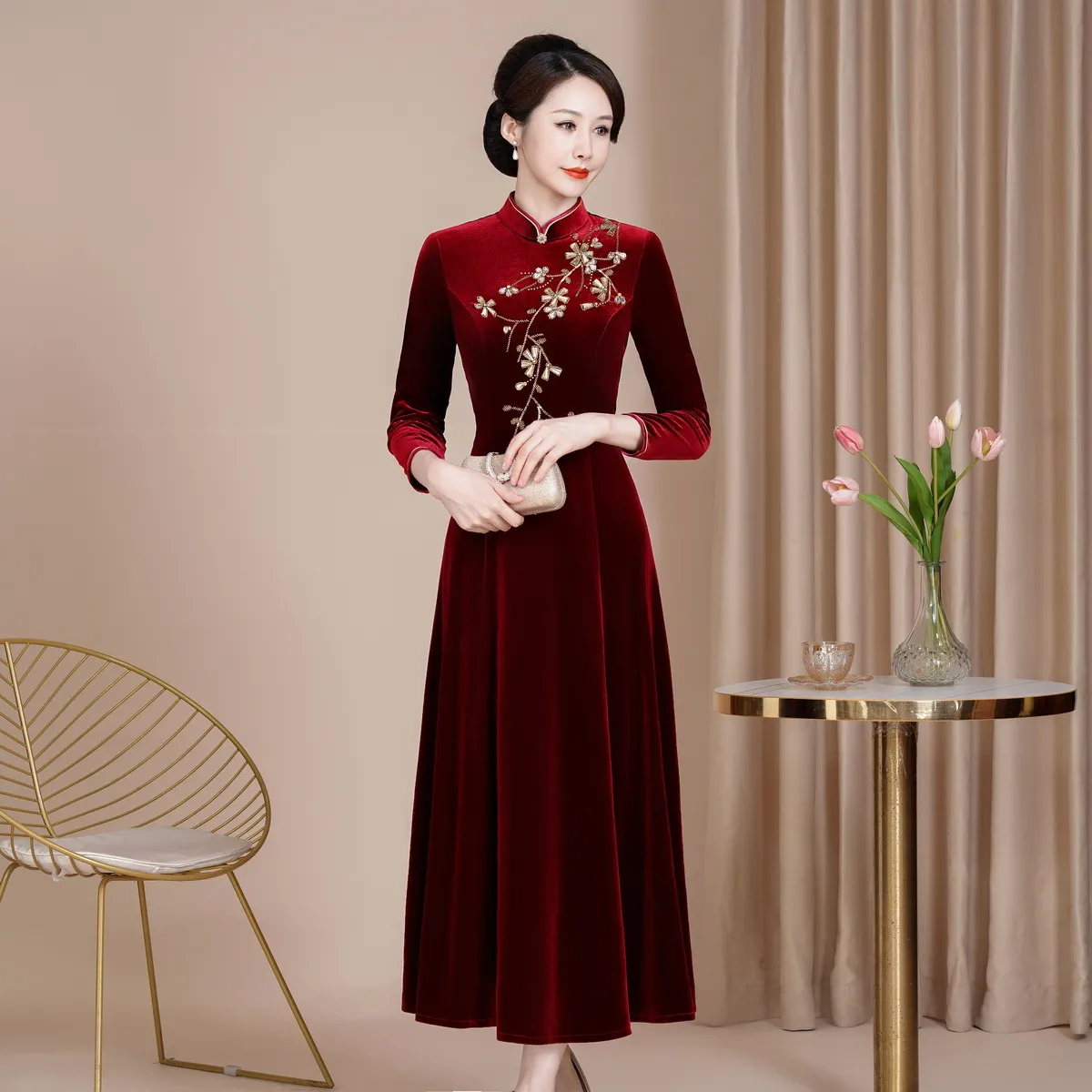 秋冬新款改良复古丝绒新中式旗袍结婚敬酒妈妈装时尚大摆裙长款女