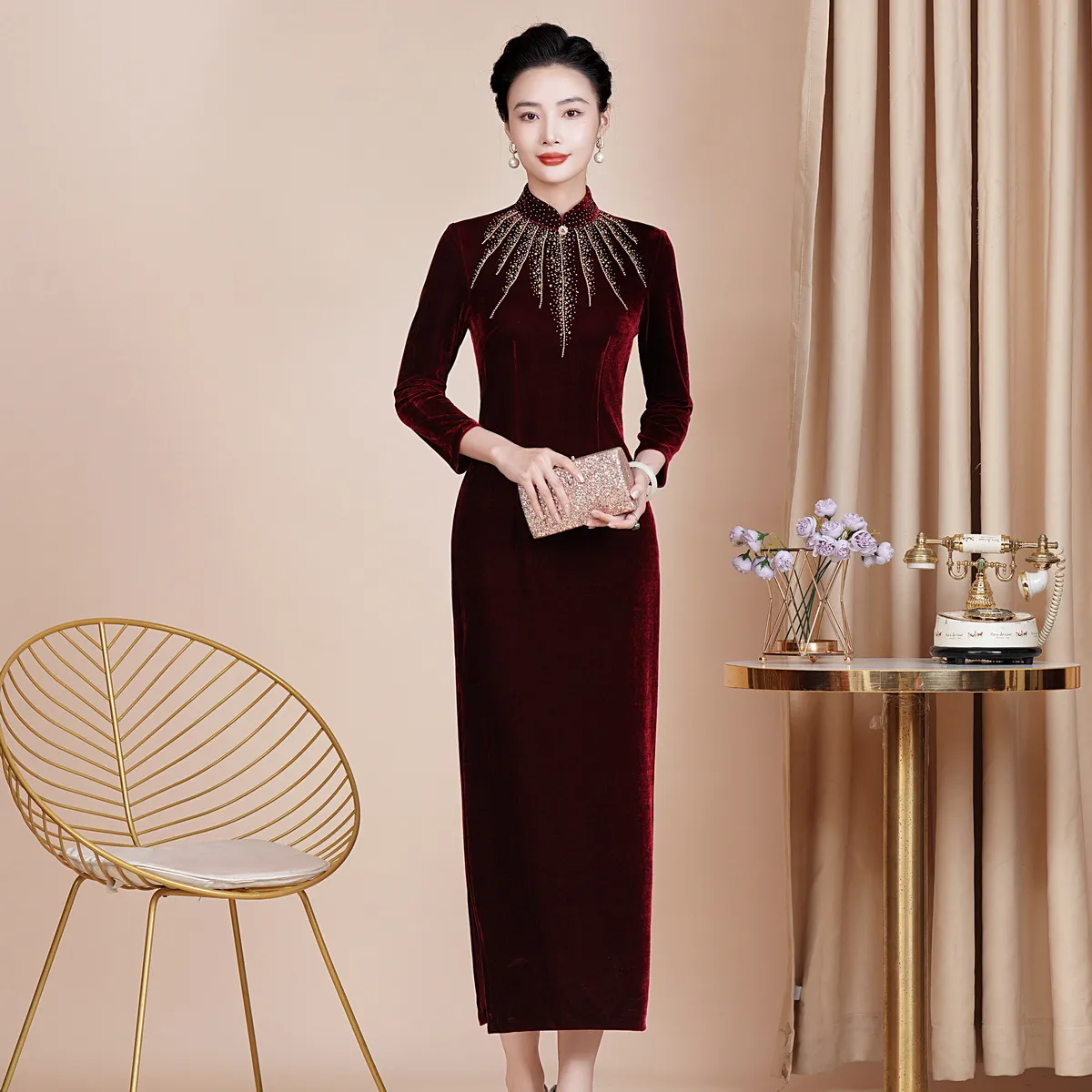 秋冬新款修身改良丝绒旗袍喜妈妈婚宴礼服长款喜婆婆敬酒服女气质