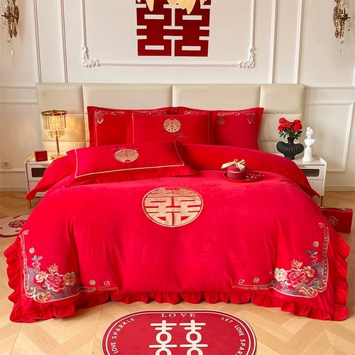 新款加厚宝宝绒婚庆刺绣四件套花边牛奶绒保暖结婚陪嫁床上用品