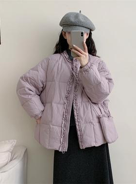 初吾家25冬季新款韩系花边圆领中长款羽绒服保暖带包包设计感外套