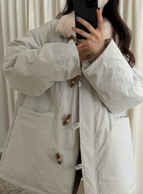 初吾家25冬季新款日系外翻毛领牛角扣中长款羽绒服保暖外套女
