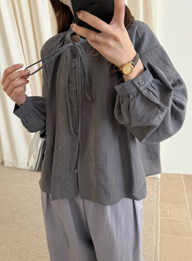 初吾家25春季新款韩系蕾丝系带小衫女小个子甜美气质显瘦长袖衬衫