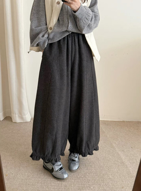 初吾家25秋季新款日系木耳边束脚花苞灯笼裤宽松垂坠感阔腿裤女