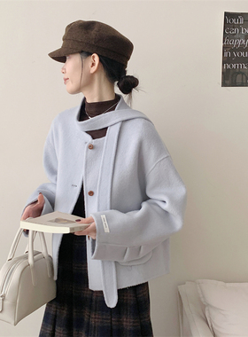 初吾家25秋冬季新款韩系领口系带宽松显瘦小个子双面呢短款外套女