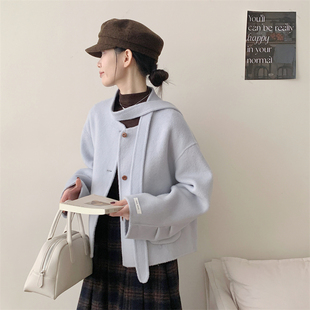 初吾家25秋冬季新款韩系领口系带宽松显瘦小个子双面呢短款外套女