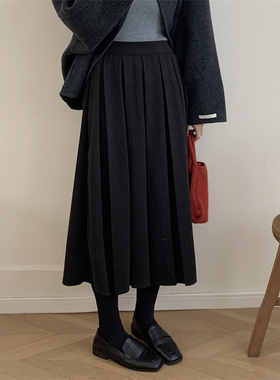 初吾家25秋冬新款日系毛呢百褶裙半身裙百搭显瘦中长a字裙伞裙女