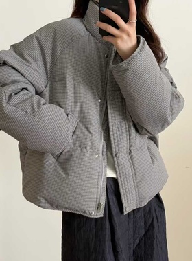 初吾家25冬季新款日系格纹立领小个子白鸭绒羽绒服面包服外套女