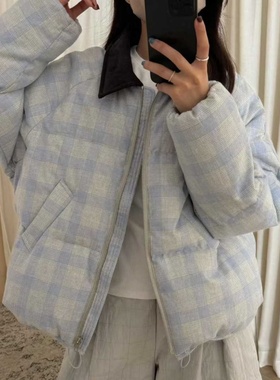 初吾家2025冬季新款日系复古翻领千鸟格纹羽绒服宽松保暖外套女