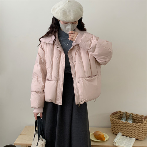 短款针织翻领白鸭绒羽绒服