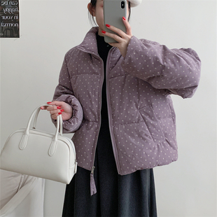 初吾家25冬季新款立领碎花波点灯芯绒羽绒服女白鸭绒保暖短款外套