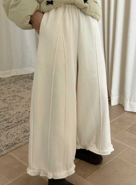 初吾家25冬新款日系慵懒风松紧腰花边拼接阔腿裤加绒宽松休闲裤女