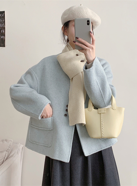 初吾家25冬新款围巾双面呢小个子羊毛短款外套宽松显瘦手缝大衣女