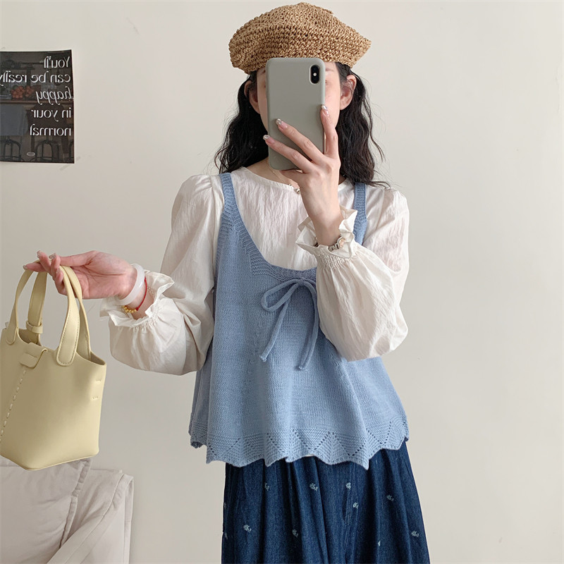 初吾家26春季新款韩系温柔感泡泡袖衬衫女叠穿针织吊带马甲两件套