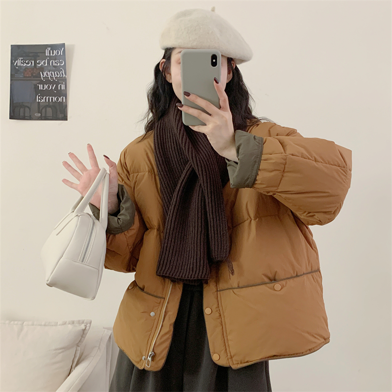 初吾家25冬新款日系撞色圆领白鸭绒羽绒服可拆卸围款小个子外套女