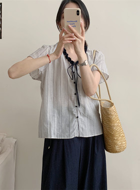 初吾家26夏新款花边领小个子系带条纹小衫日系竖纹短袖衬衫上衣女
