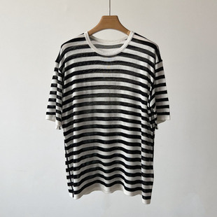 纯尾~客供面料！纸片人透气~真丝黑白条纹圆领短袖宽松针织衫夏秋