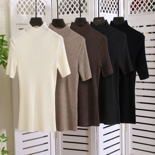 纯尾客供羊毛半高领短袖针织上衣