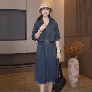 9801春夏季连衣裙女宽松休闲时尚翻领假两件中袖牛仔连衣裙
