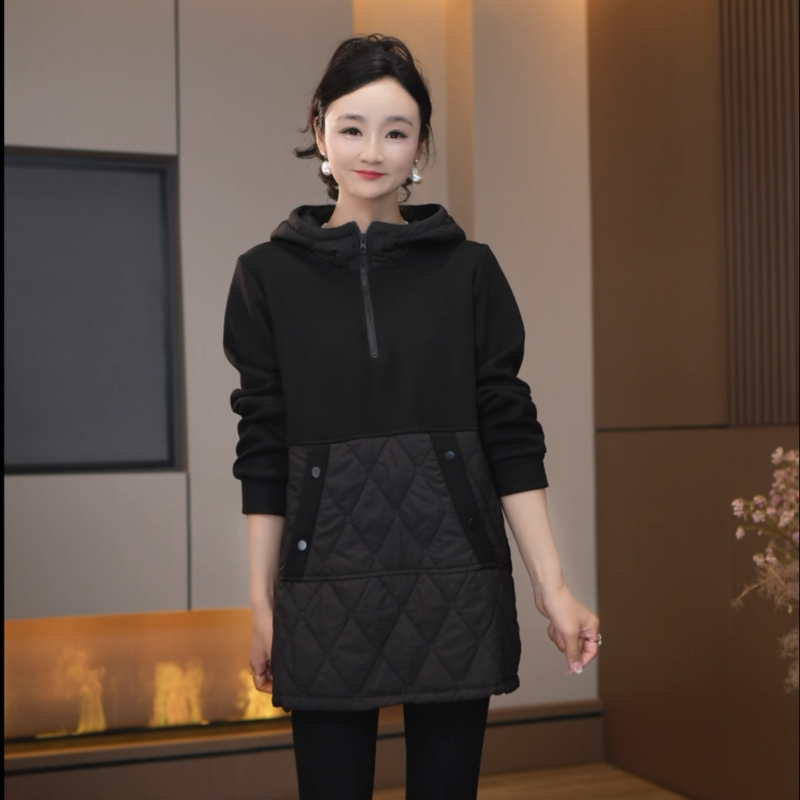 5818洋气遮肉连帽卫衣女秋冬半开拉链领口咖黑双色保暖休闲外套
