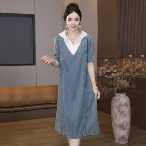 A-5801夏季新款潮牌女装衣服装韩版宽松休闲大码拼接牛仔连衣裙