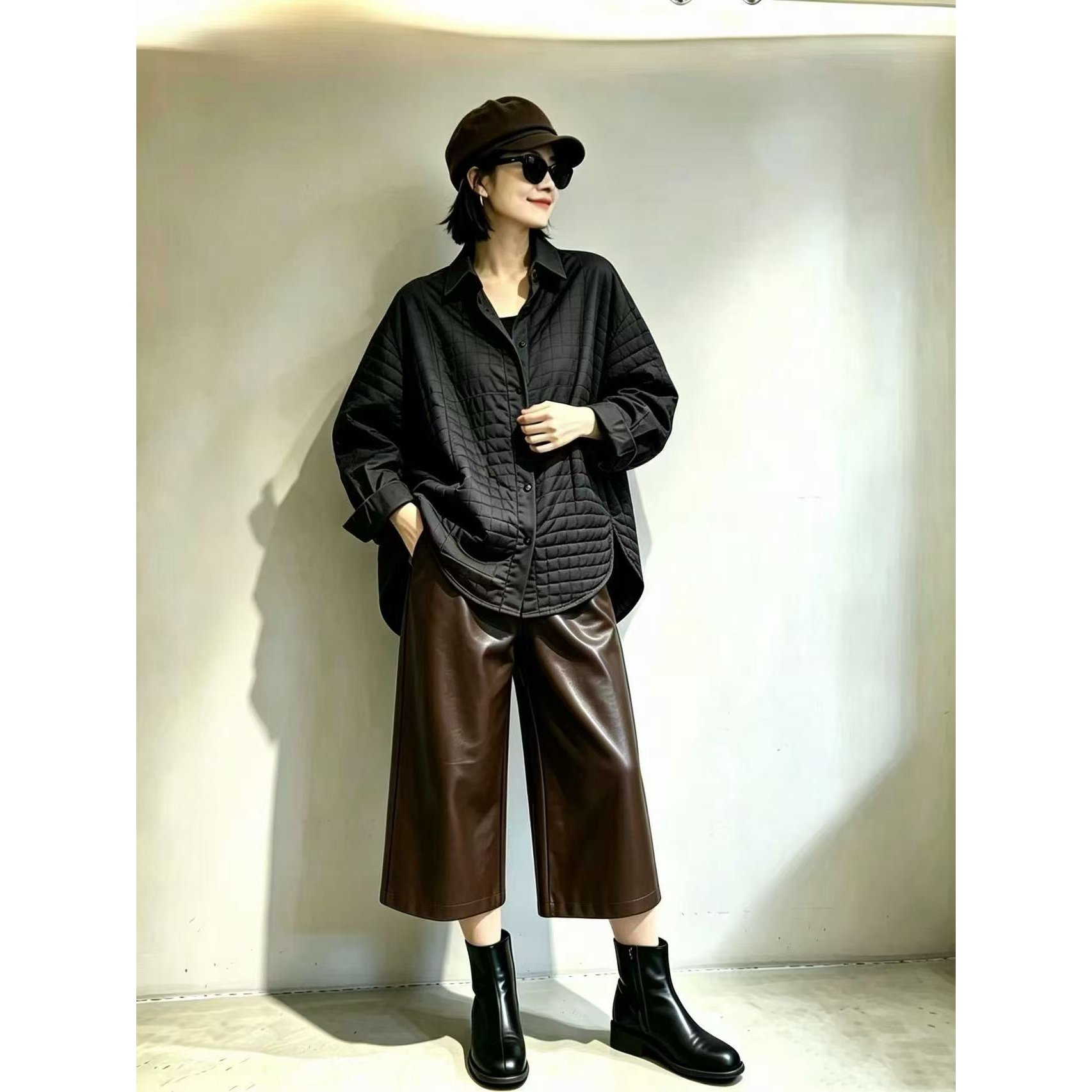 1100秋冬叠穿神器方格绗缝夹棉衬衫女Oversize廓形美拉德薄棉外套图片