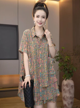 882 夏天两件套显瘦花色彩萃夏季新款衬衫女短袖韩版宽松休闲套装