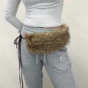 欧美新款 秋冬复古辣妹棕色质感仿皮草毛毛腰封女毛绒绑带腰链腰带