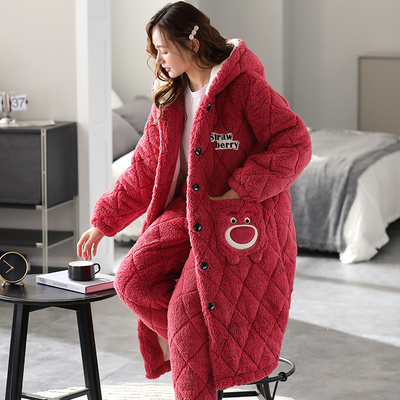 睡袍女冬季加绒加厚三层夹棉睡袍长款带裤子超厚浴袍两件套装大码