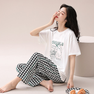 日本MUJIΕ睡衣女夏季纯棉短袖长裤女款夏天薄款少女可爱夏款半袖