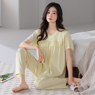 日本MUJIΕ睡衣女款夏季纯棉短袖长裤套装2025新款大码可外穿薄款