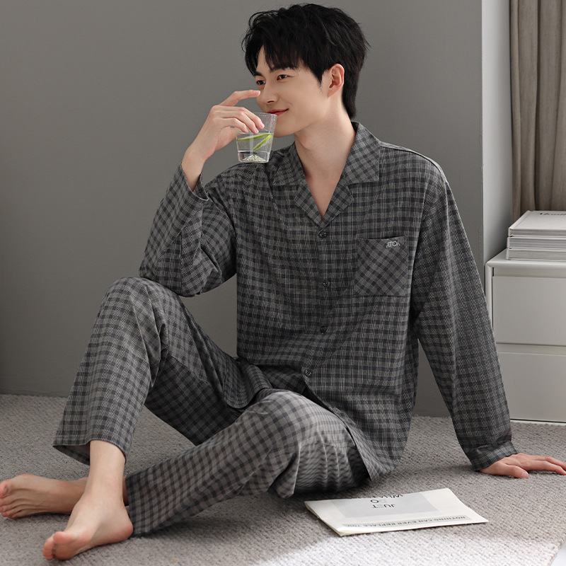 日本MUJIΕ男士睡衣春秋款纯棉长袖秋季2025年新款格子大码可外穿