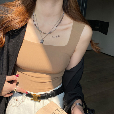 日本MUJIΕ冰丝美背宽肩方领螺纹背心女带胸垫一体杯内搭外穿无痕