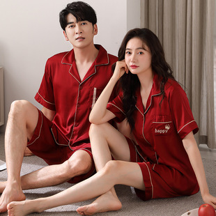 日本MUJIΕ情侣睡衣女短袖短裤夏季冰丝套装夏天男本命年红色结婚