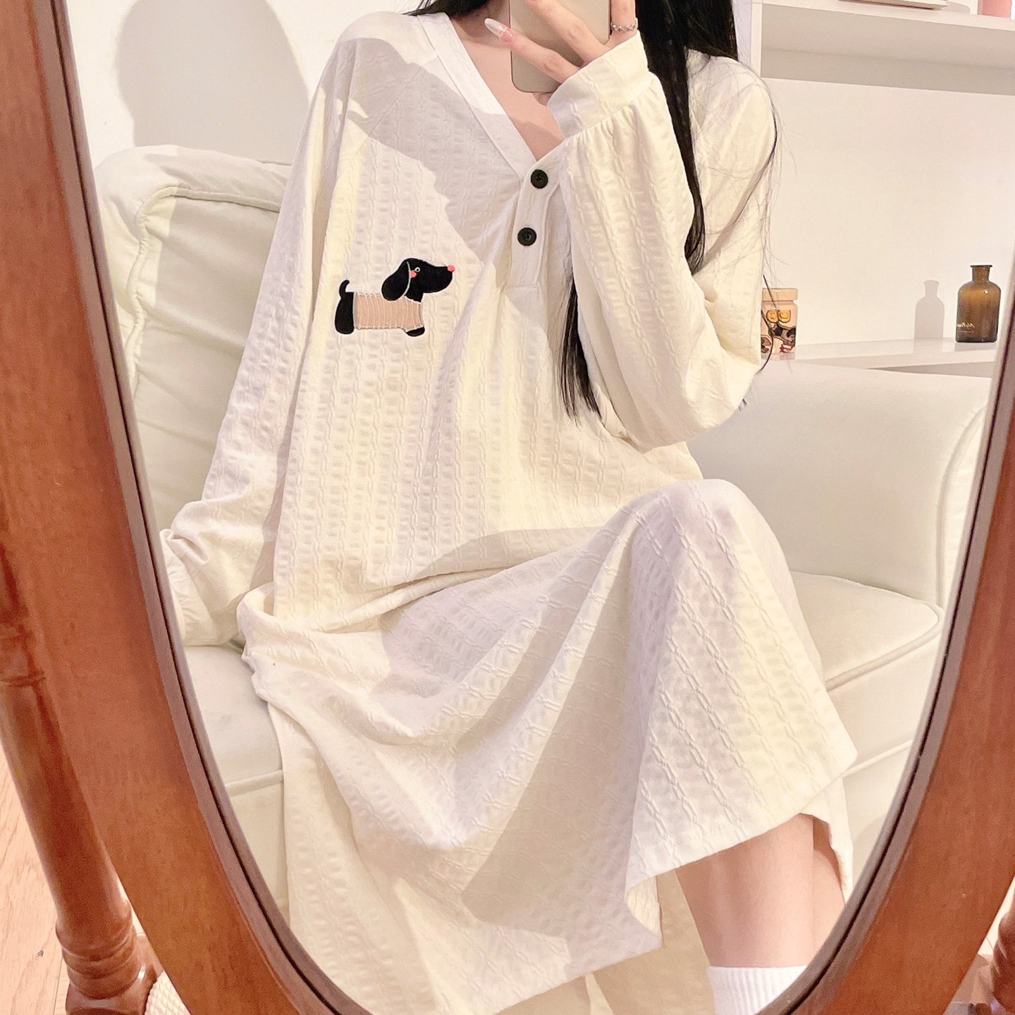 2026新款睡裙女款春季长袖腊肠狗中长款孕妇睡衣春秋季薄款家居服