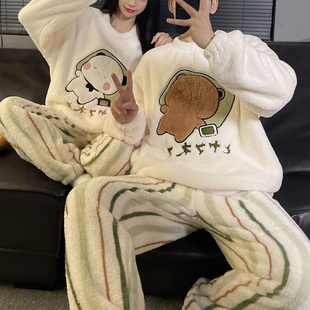 一二布布睡衣女款秋冬季加绒加厚珊瑚绒长毛绒情侣家居服套装男士