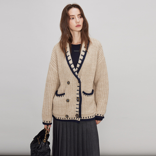 女V领慵懒松弛加厚毛衣外套 3ONE小香复古粗针开衫 清仓原348