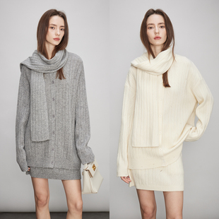 3ONE极简宽松慵懒100绵内搭羊毛针织开衫/半裙/围巾 套装女秋冬