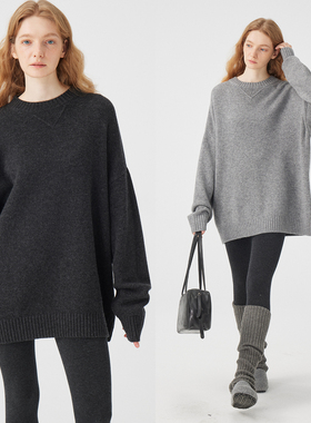 3ONE 宽松慵懒极简100%羊毛落肩软糯宽松纯色圆领长袖套头毛衣女