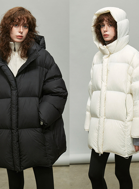 【清仓原985】轻柔重磅云朵感中长款保暖90白鸭绒龟背连帽羽绒服
