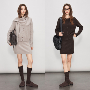 3ONE 显瘦百搭miu系短款内搭针织开衫/三角巾/半裙/秋冬时尚套装