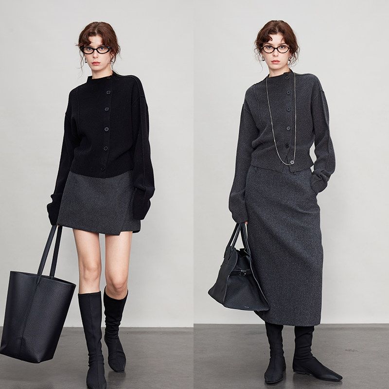 3ONE/100%绵羊毛立领纽扣极简风百搭miu系羊毛毛衣针织开衫女秋冬