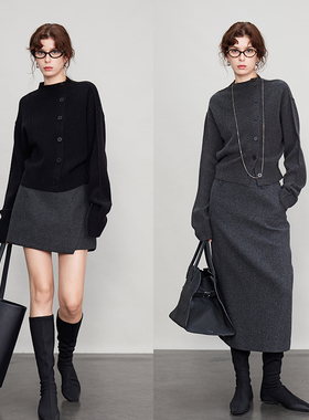 3ONE/100%绵羊毛立领纽扣极简风百搭miu系羊毛毛衣针织开衫女秋冬