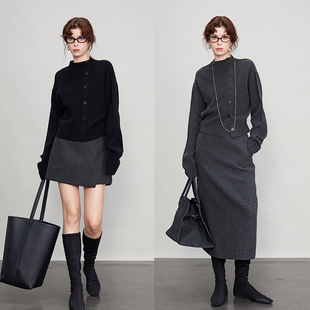 3ONE/100%绵羊毛立领纽扣极简风百搭miu系羊毛毛衣针织开衫女秋冬