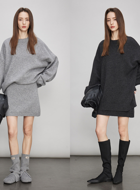 3ONE 100%绵羊毛极简套头宽松慵懒风毛衣针织上衣/松紧腰短裙套装