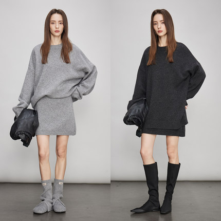 3ONE 100%绵羊毛极简套头宽松慵懒风毛衣针织上衣/松紧腰短裙套装