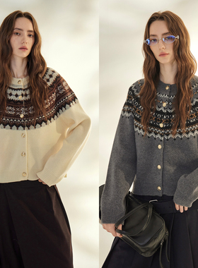 3ONE 复古圆领拉链棉羊毛毛衣外套 费尔岛提花插肩袖针织开衫 女